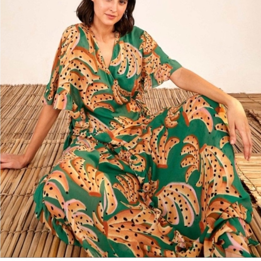 Farm Rio Green and Gold Flutter Sleeve V-Neck Banana Maxi Sundress
